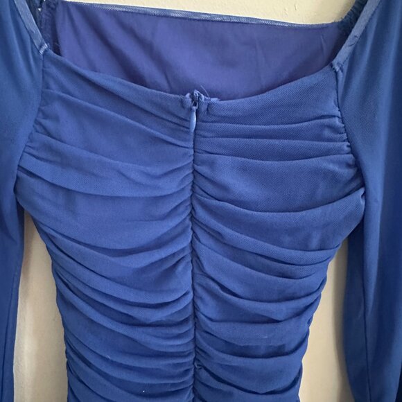 Blue Mesh Long Sleeve Square Neck Ruched Bodycon Mini Dress, Size XS - Picture 4 of 8
